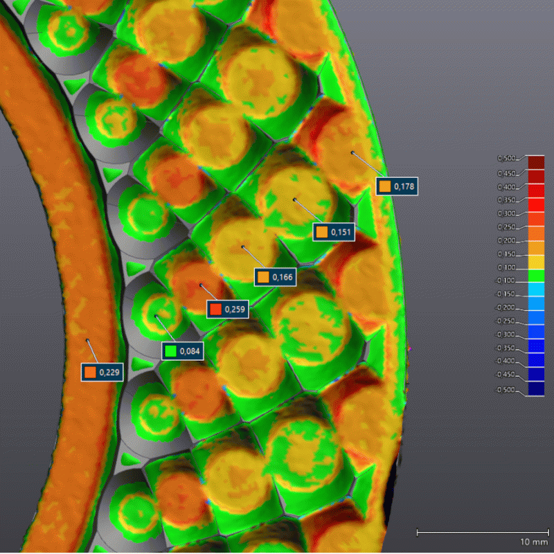 Deviations on scanned part versus CAD model Deviations on scanned part versus CAD model